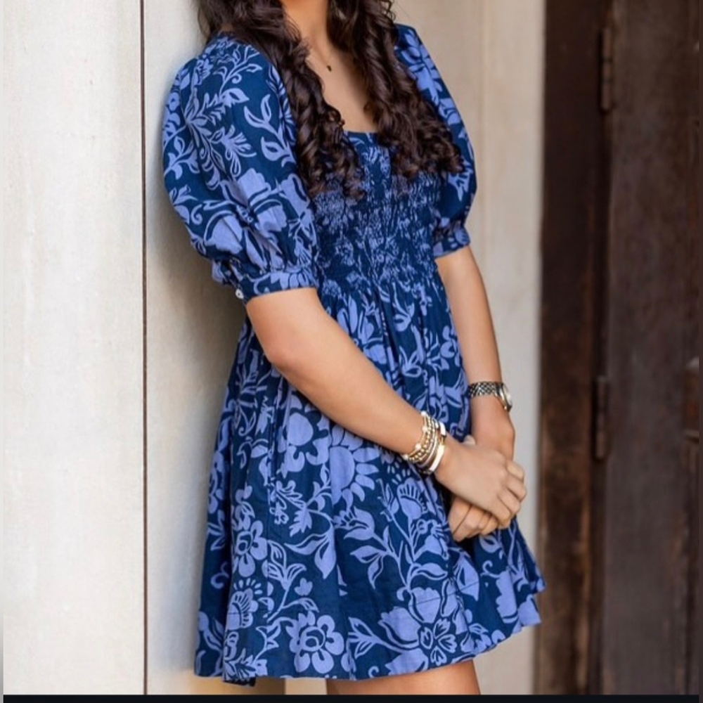 Free People Navy Floral Mini Dress W/ Puff Sleeves Smocked Bodice& Heart Buttons